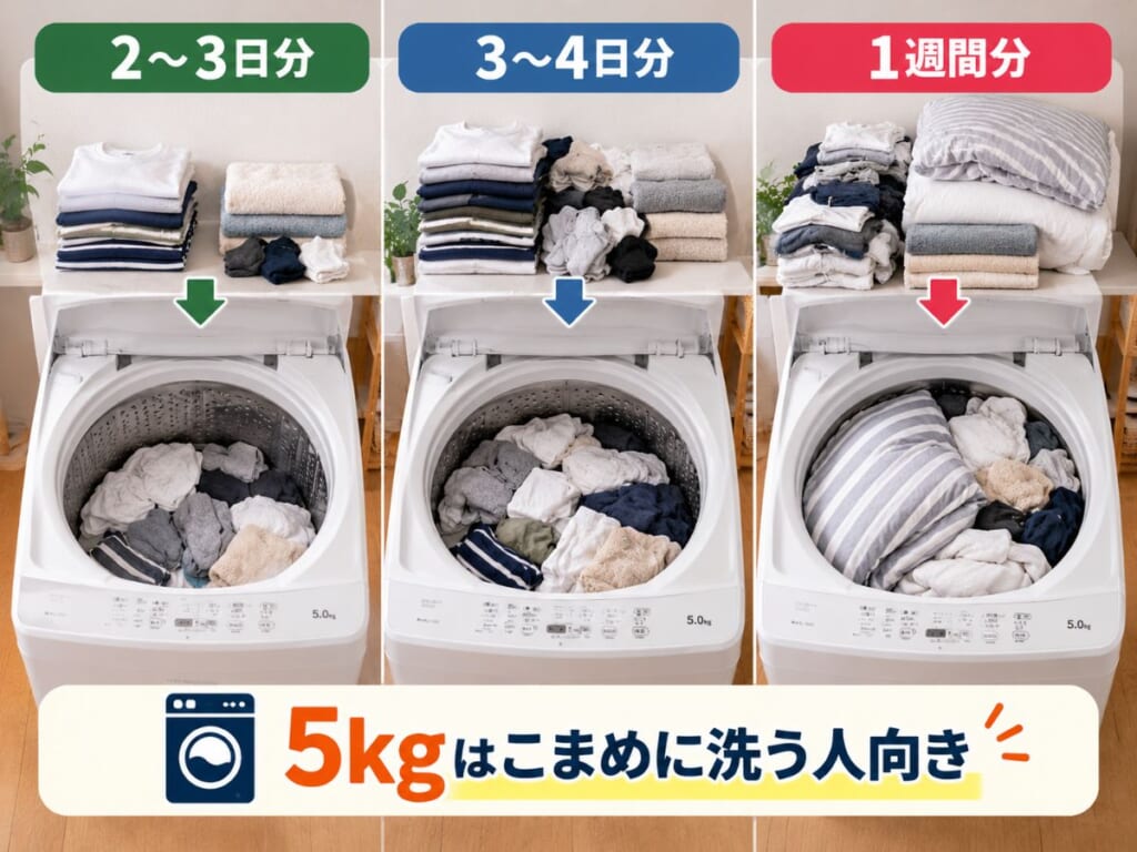 5kg洗濯機で2〜3日分・3〜4日分・1週間分の洗濯物量を比較したイメージ