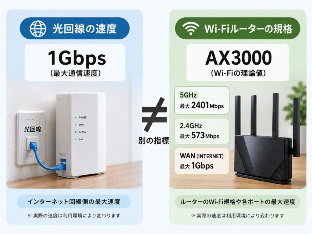 光回線1GbpsとWi-FiルーターのAX3000が別の指標であることを示す図