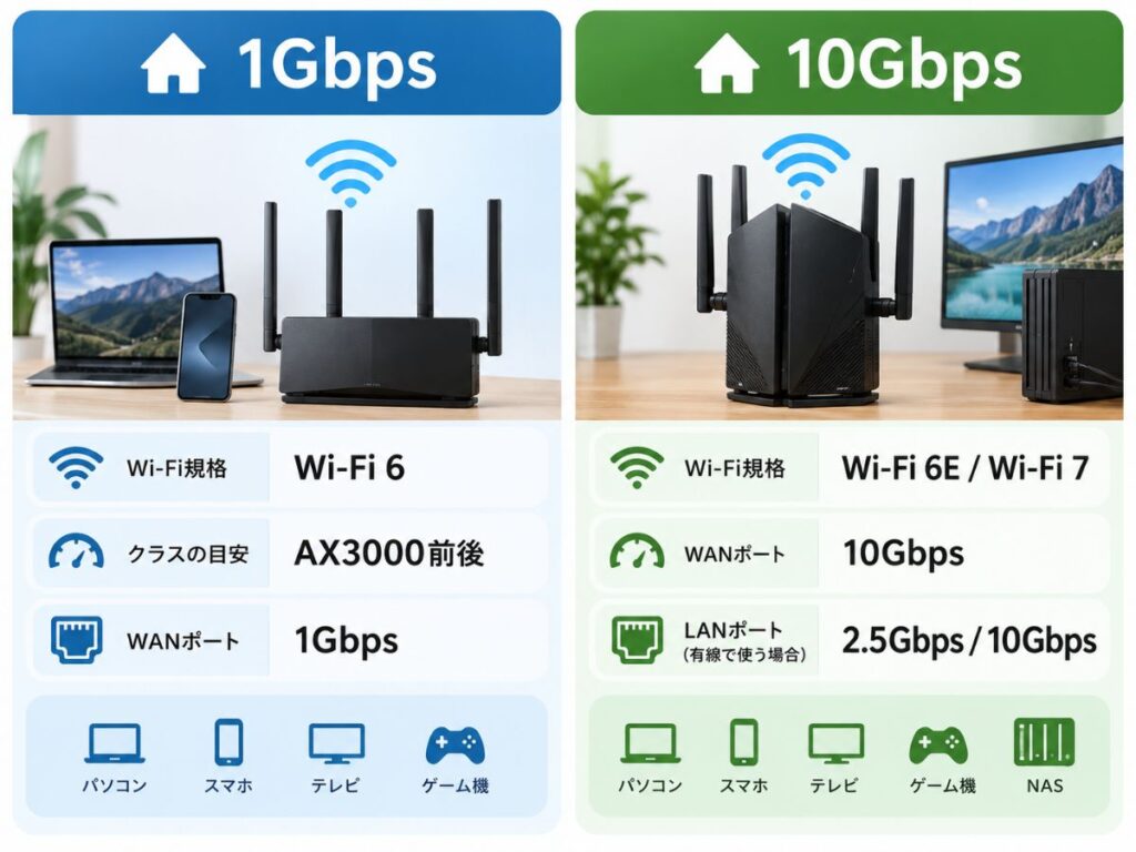 1Gbps回線と10Gbps回線で選ぶWi-Fi規格・WAN・LANポートの違い