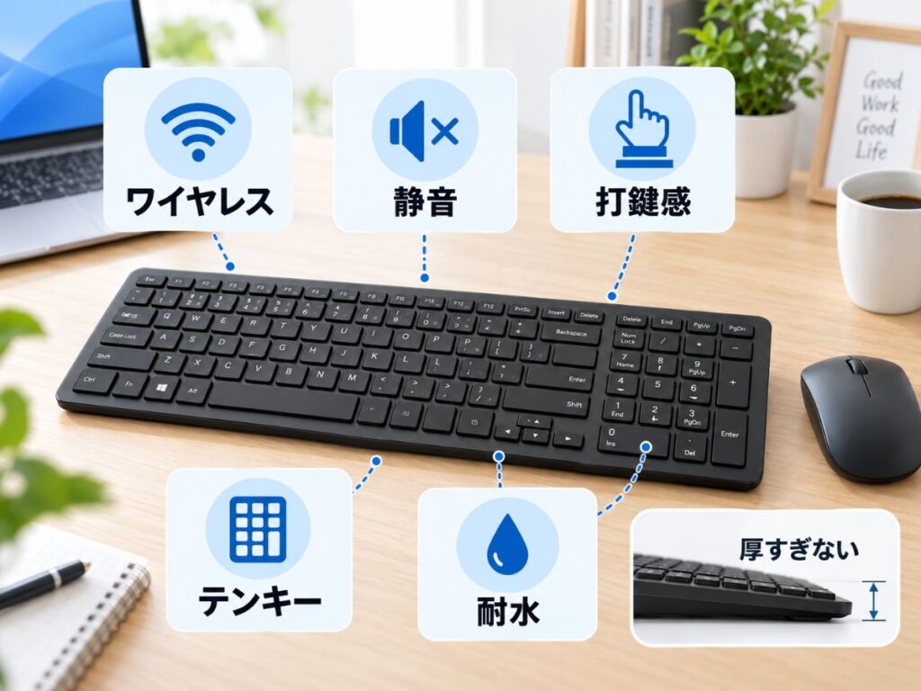 ワイヤレスキーボードで確認したい静音性・打鍵感・テンキー・耐水・厚み