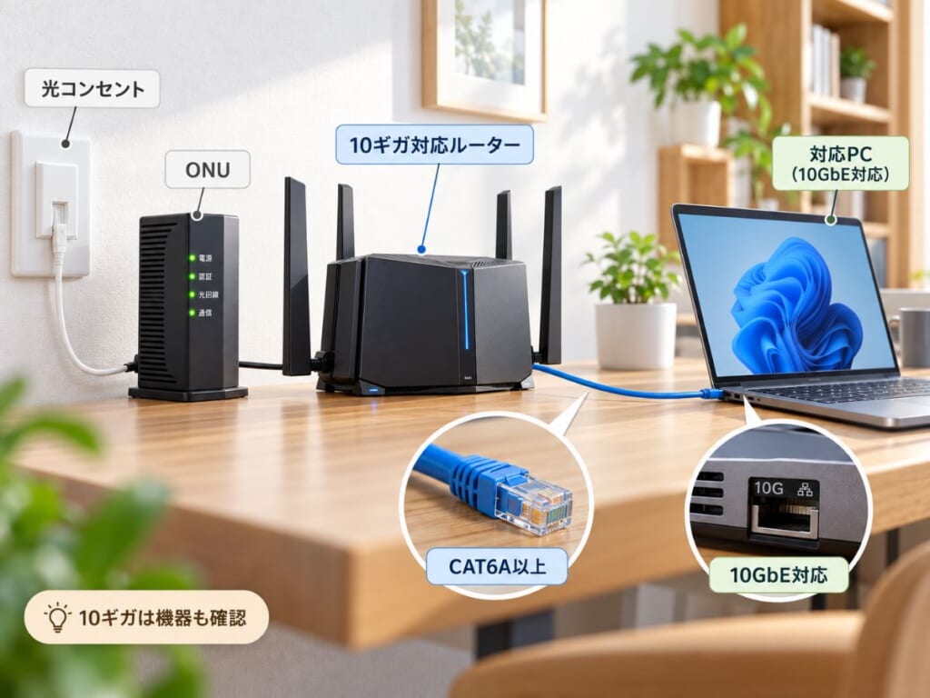 ahamo光10ギガを活かすために必要な10ギガ対応ルーター・CAT6A以上のLANケーブル・10GbE対応PCを示すイメージ