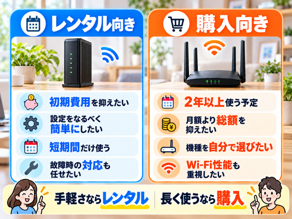 ahamo光のルーターでレンタルが向いている人と購入が向いている人を比較するイメージ