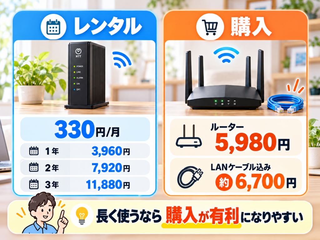 ahamo光のルーターレンタル月330円と市販ルーター購入約6700円の費用を比較するイメージ