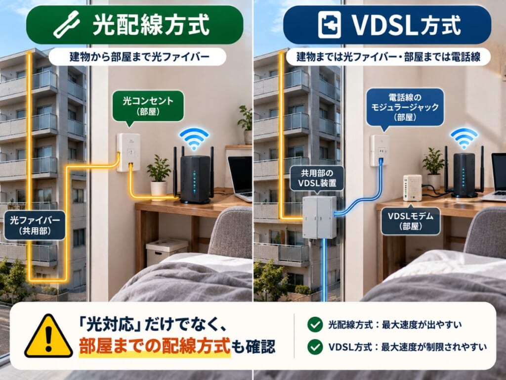 集合住宅の光配線方式とVDSL方式の違いを比較したイメージ