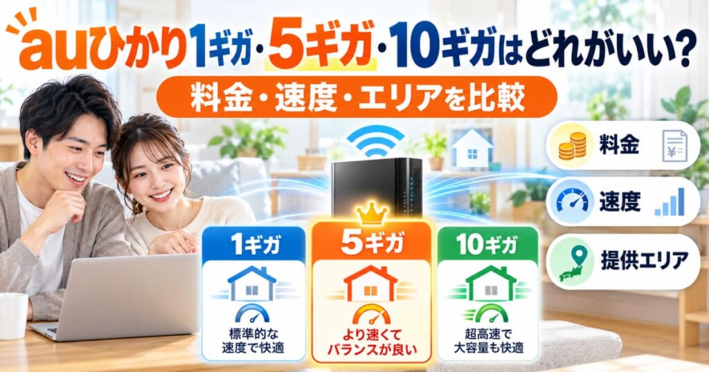auひかり1ギガ・5ギガ・10ギガの料金・速度・提供エリアを比較するイメージ