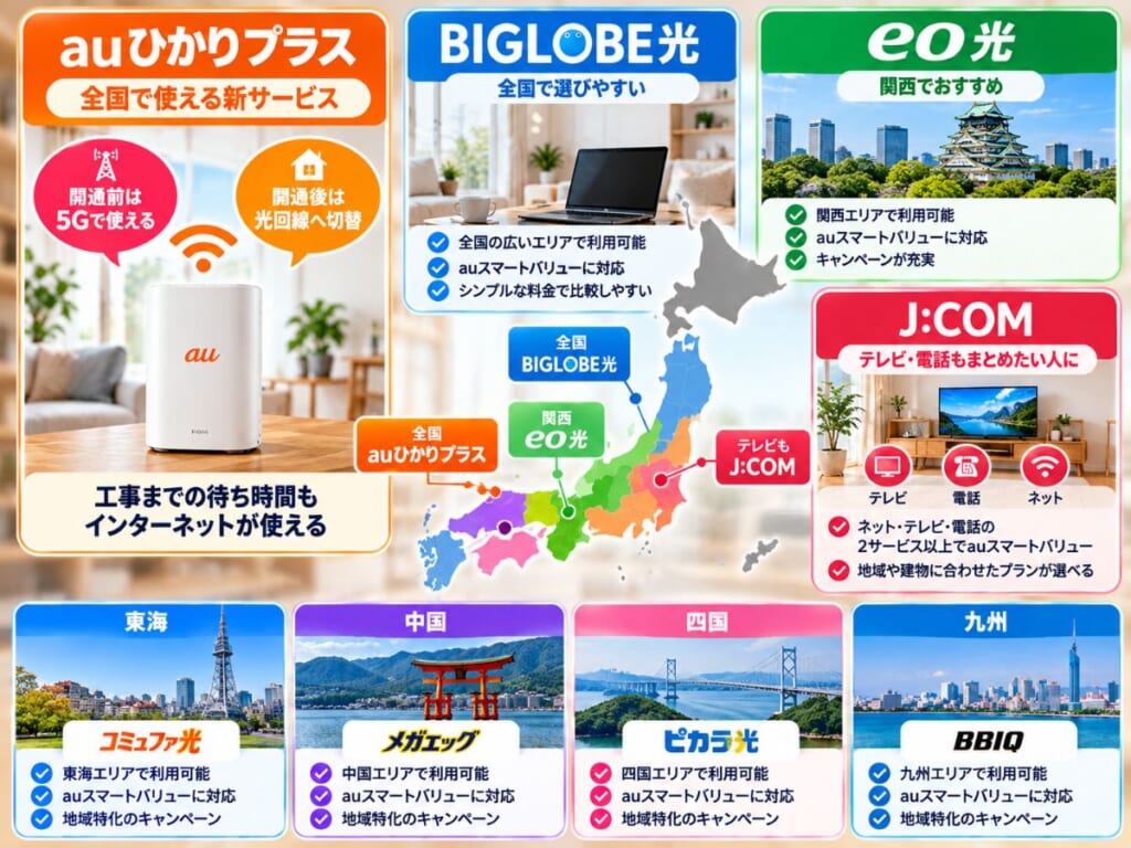 auユーザー向けにauひかりプラス・BIGLOBE光・eo光・J:COMなど地域別の光回線候補を比較するイメージ
