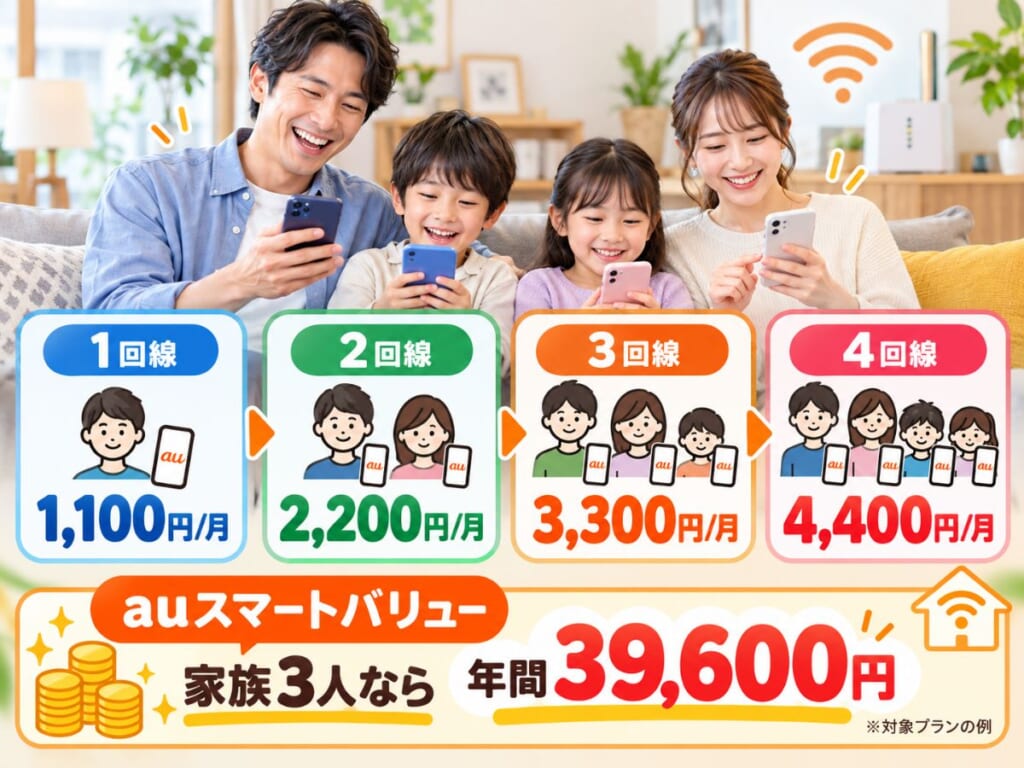 auスマートバリューで家族のauスマホ料金が回線数に応じて割引されるイメージ