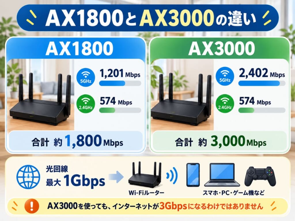 Wi-Fi 6のAX1800とAX3000の通信速度を比較するイメージ