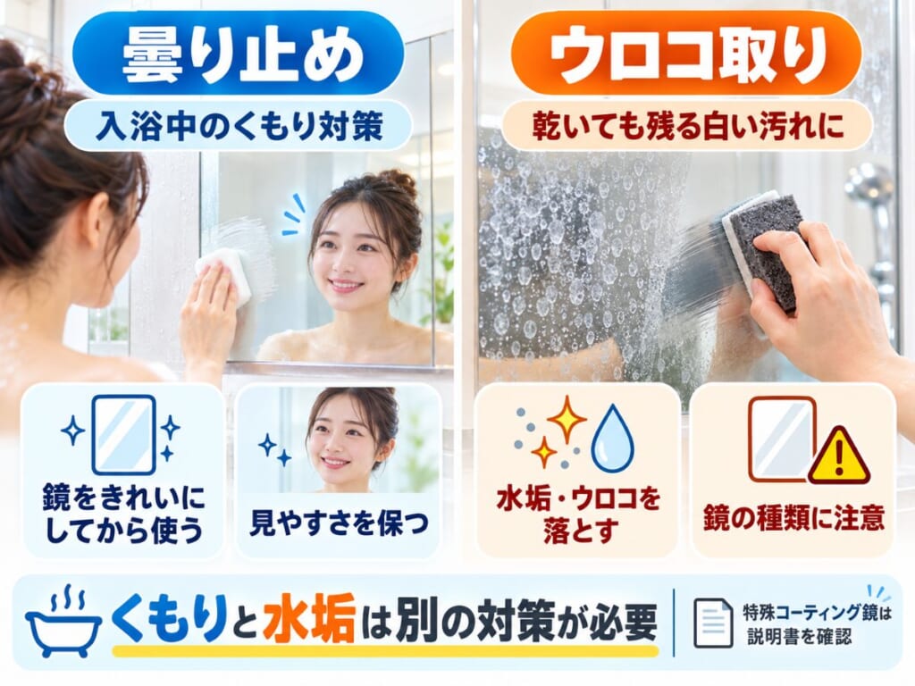 浴室鏡の曇り止めとウロコ取りの役割や、入浴中の曇りと白い水垢汚れへの対処方法を比較した図