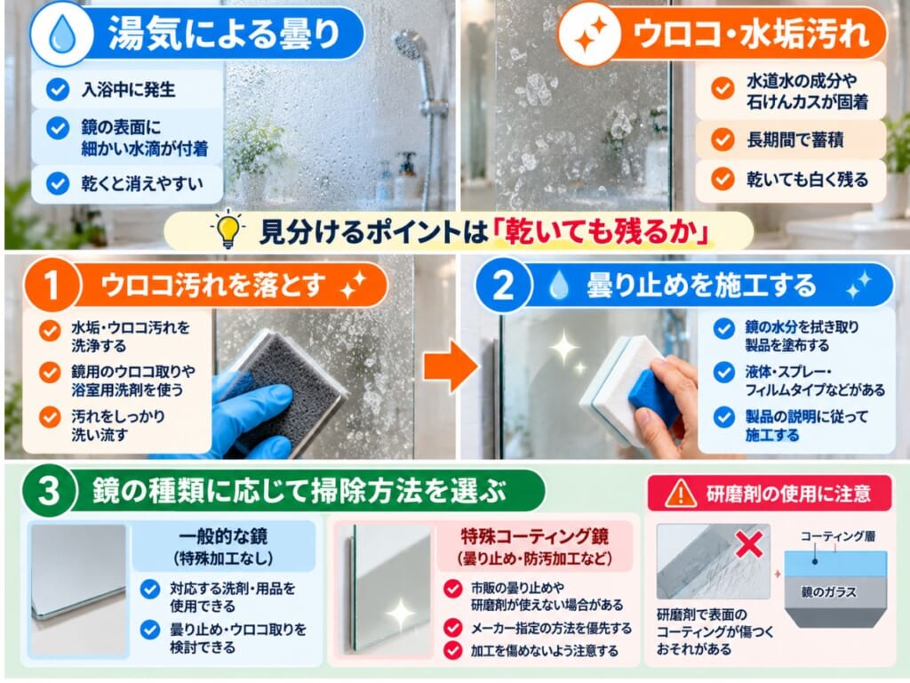 浴室鏡のウロコ汚れ除去と曇り止め施工の順序、一般的な鏡と特殊コーティング鏡の掃除上の注意点を示した図
