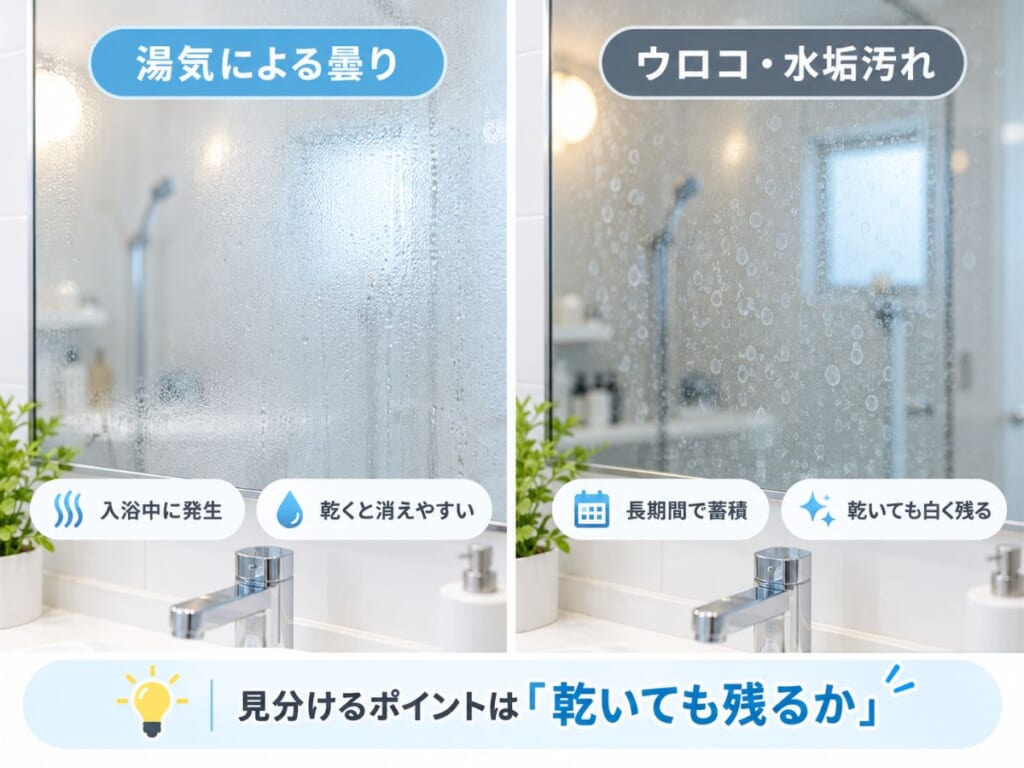 浴室鏡の湯気による曇りとウロコ状の水垢汚れを比較し、乾燥後に白い汚れが残るかどうかの違いを示した図