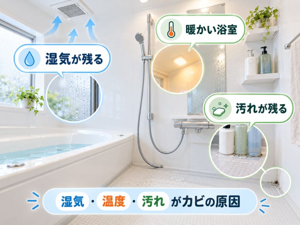 浴室にカビが発生しやすくなる原因である湿気・温度・石けんカスなどの汚れを示した図