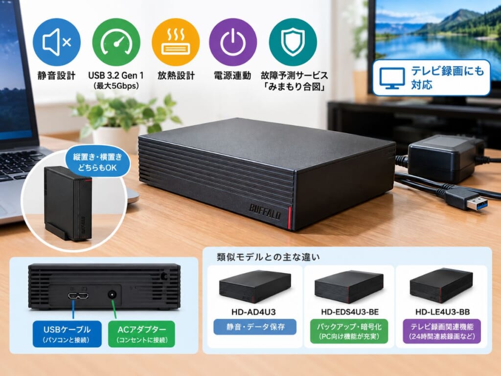 BUFFALO HD-AD4U3・HD-EDS4U3-BE・HD-LE4U3-BBの機能と特徴を比較した図