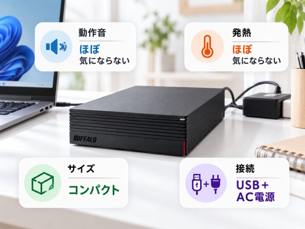BUFFALO HD-AD4U3の動作音・発熱・本体サイズ・USBとAC電源の接続方法を示した図