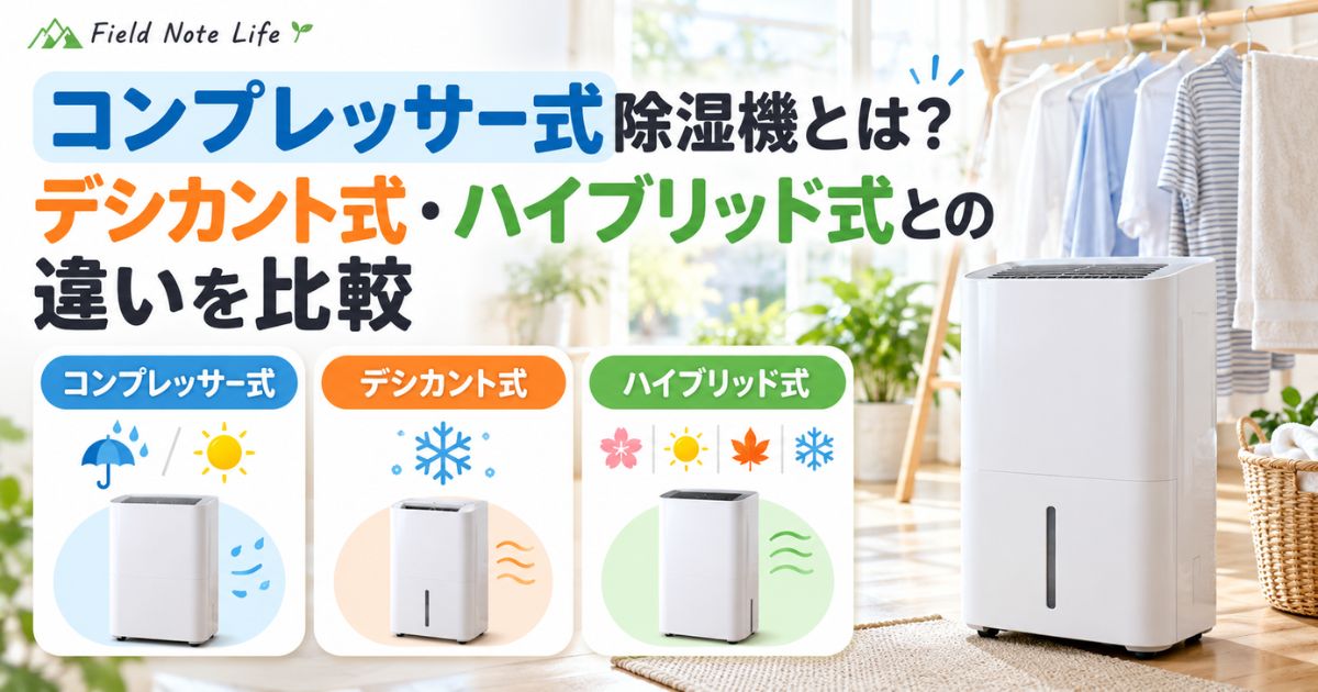 コンプレッサー式除湿機とデシカント式・ハイブリッド式の違いを比較したアイキャッチ