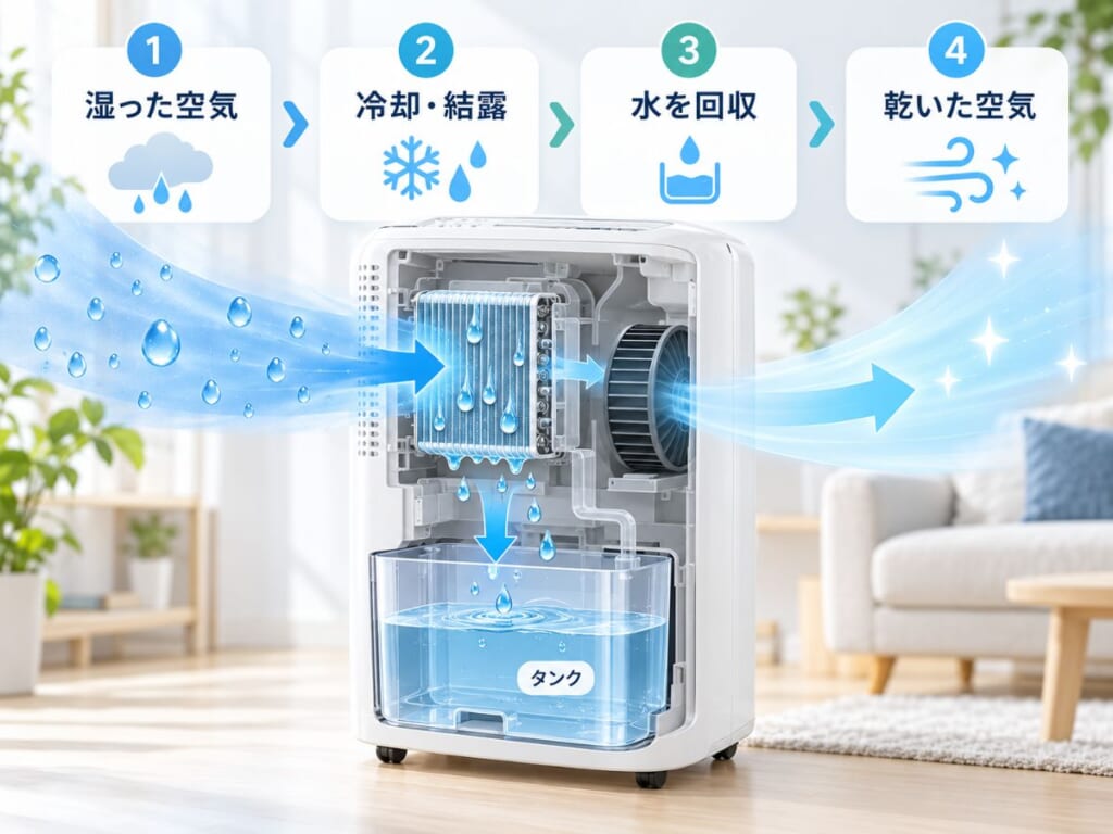 コンプレッサー式除湿機が湿った空気を冷却・結露させ、水分をタンクに回収する仕組みの図解