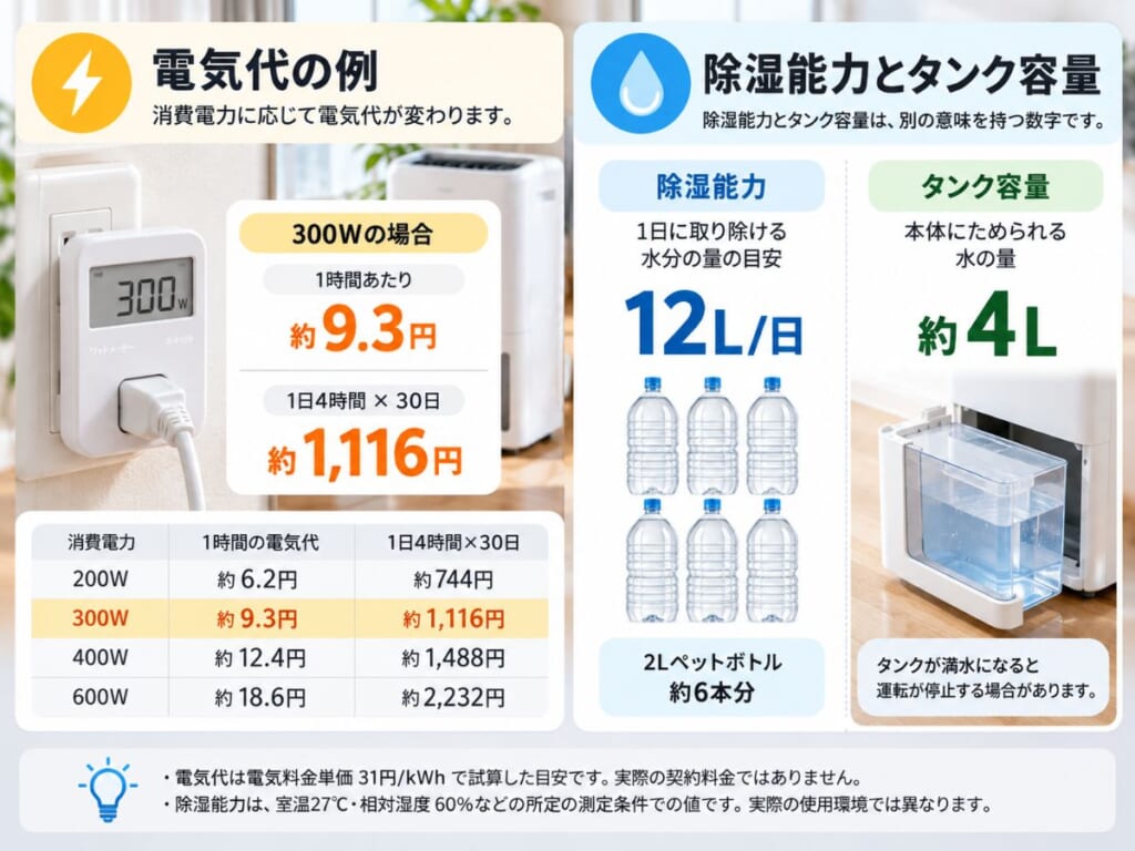 除湿機の消費電力別の電気代と、除湿能力12L/日・タンク容量約4Lの違いを説明した図