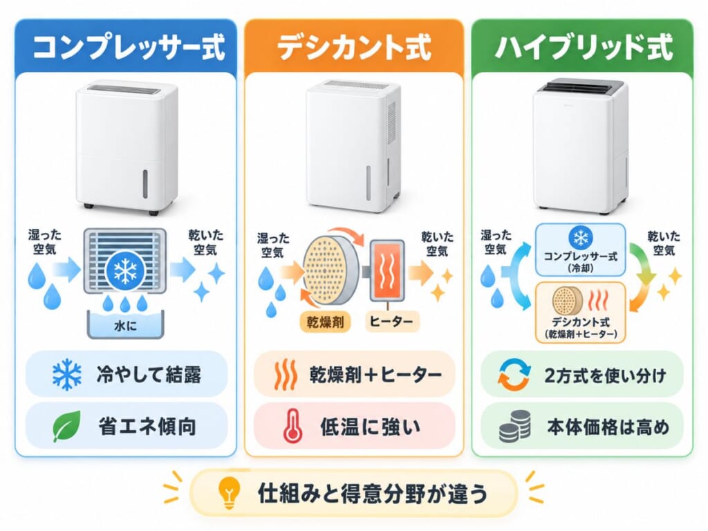 コンプレッサー式・デシカント式・ハイブリッド式の除湿の仕組みと省エネ性、低温時の特徴を比較した図