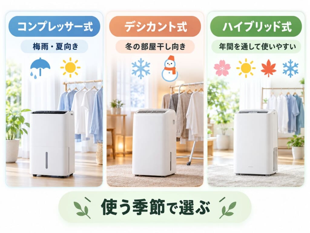 コンプレッサー式・デシカント式・ハイブリッド式除湿機の特徴と適した季節を比較した図