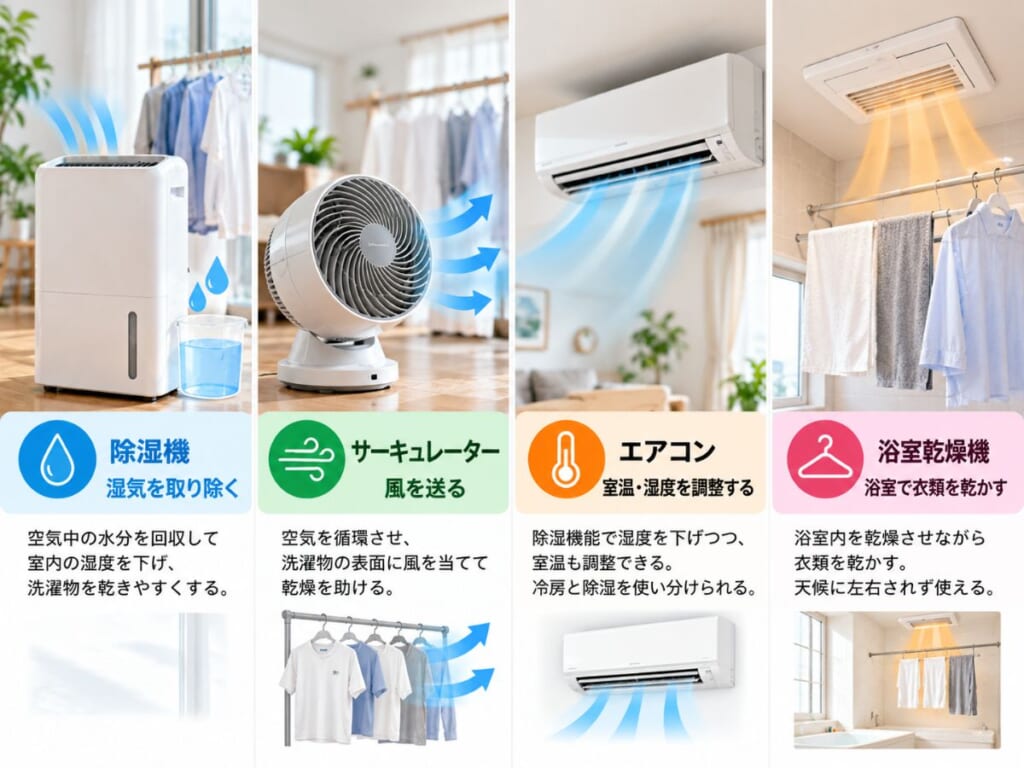 除湿機・サーキュレーター・エアコン・浴室乾燥機の役割と部屋干しでの違いを比較した図