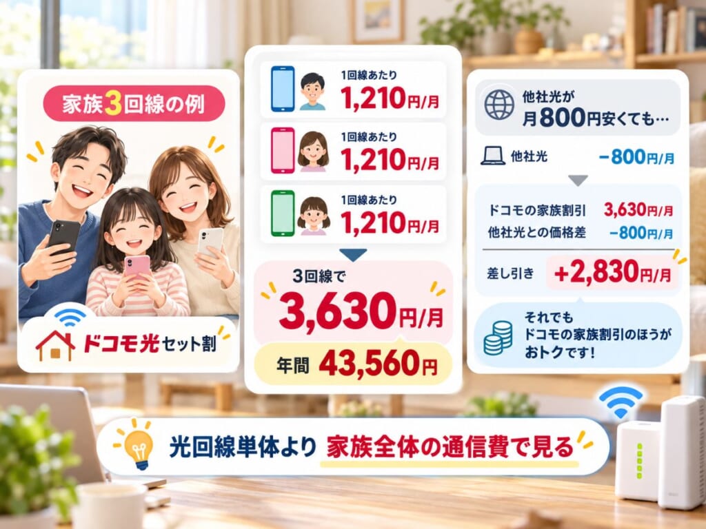 家族3回線のドコモ光セット割で月3630円、年間43560円の割引になる例