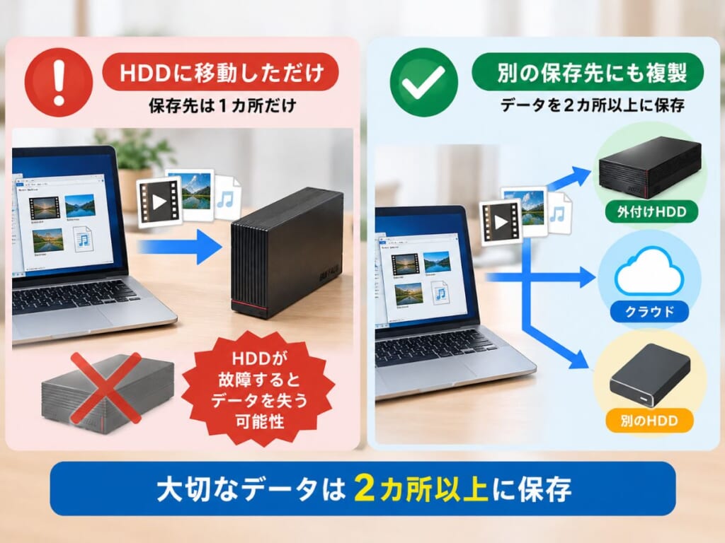 外付けHDDへのデータ移動と複数の保存先に複製するバックアップの違いを示した図