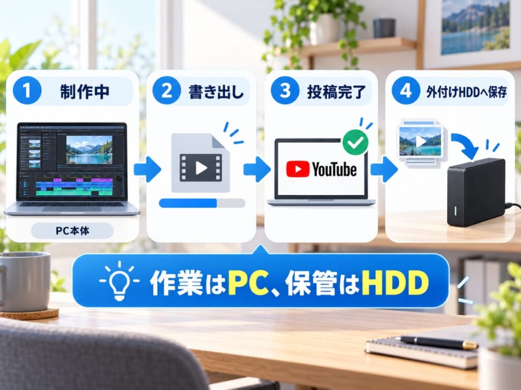 PCで動画を制作してYouTube投稿後に完成動画を外付けHDDへ保存する流れ