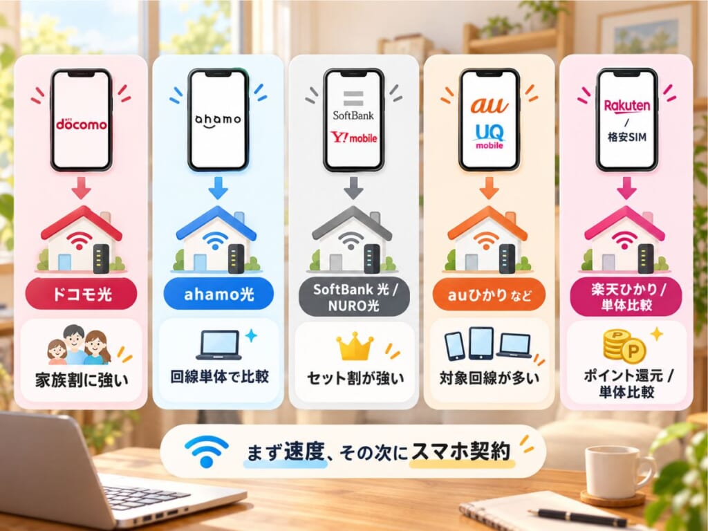 ドコモ・ahamo・SoftBank・Y!mobile・au・UQ・楽天モバイル・格安SIMごとに候補となる光回線を比較するイメージ