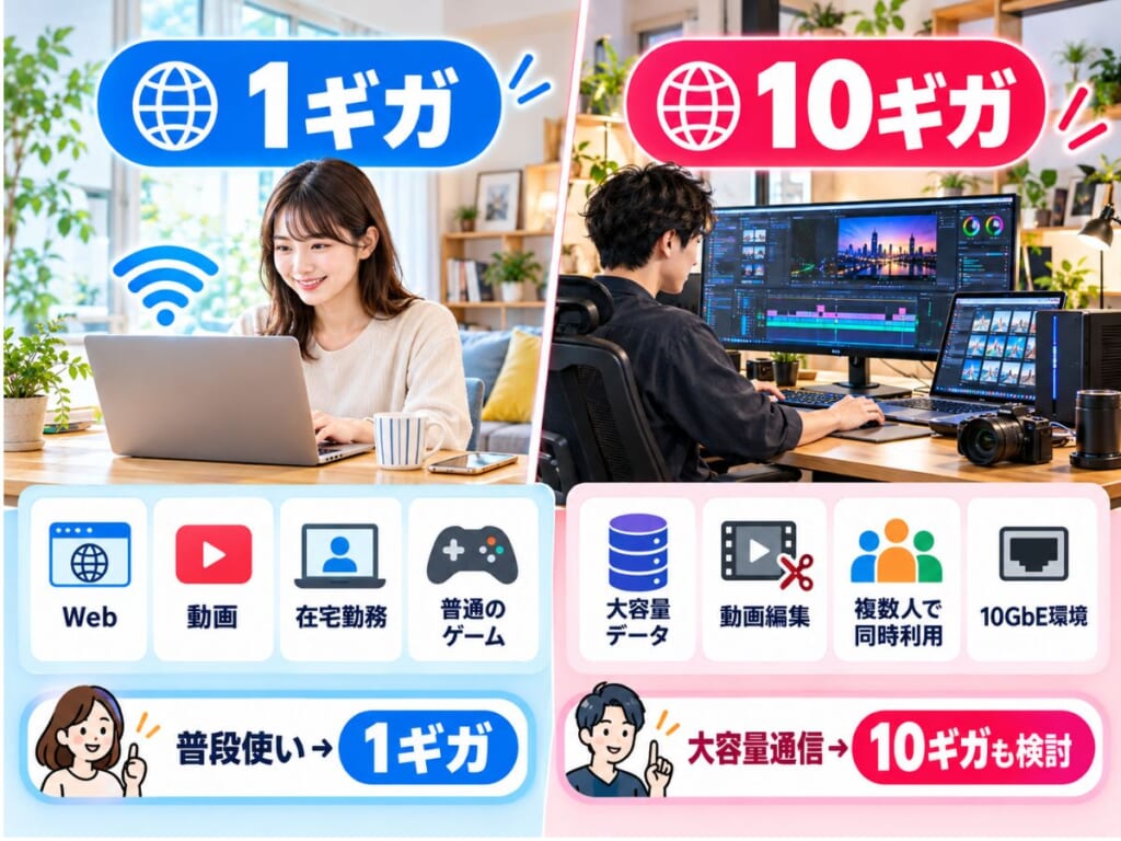 光回線1ギガと10ギガの向いている使い方を比較するイメージ
