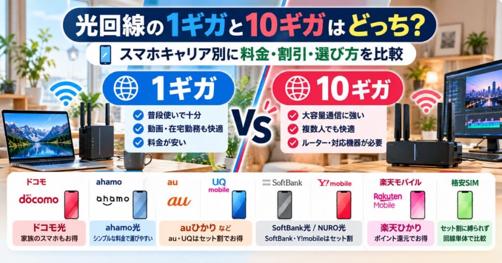 光回線の1ギガと10ギガをスマホキャリア別に比較するイメージ