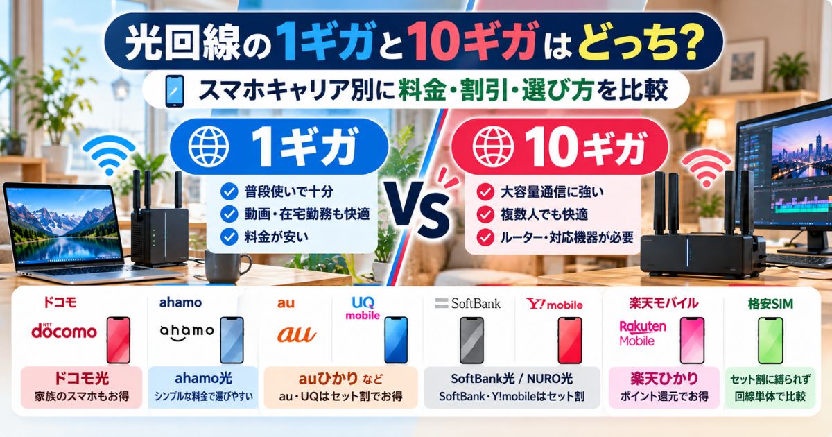 光回線の1ギガと10ギガをスマホキャリア別に比較するイメージ