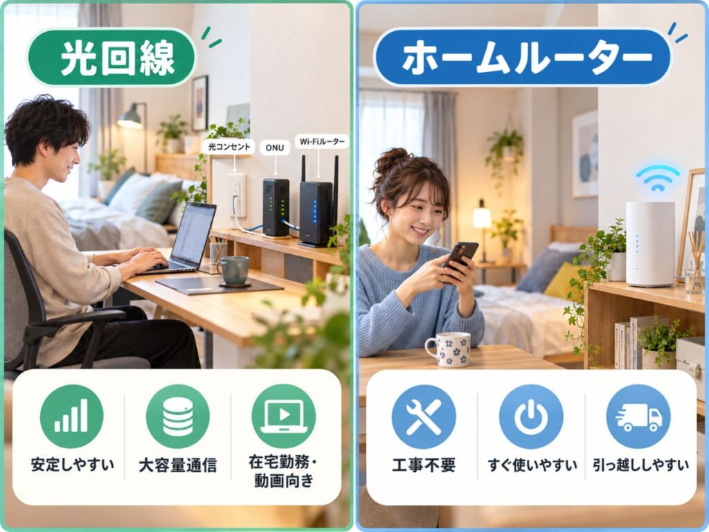光回線とホームルーターの安定性・工事・引っ越しやすさを比較するイメージ
