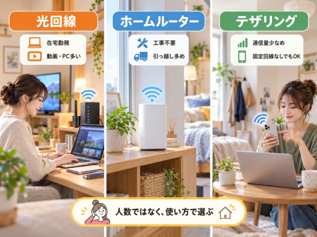 光回線・ホームルーター・テザリングを一人暮らしの使い方別に比較したイメージ