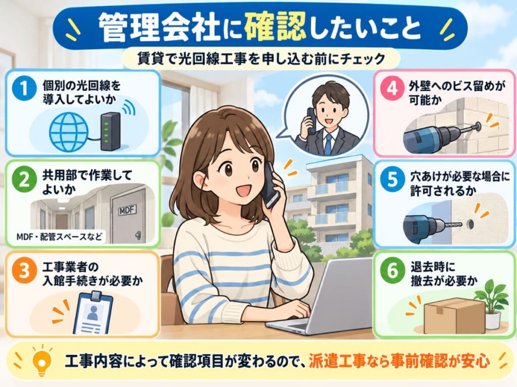 賃貸で光回線工事をする前に管理会社へ共用部作業・ビス留め・穴あけ・撤去について確認するイメージ