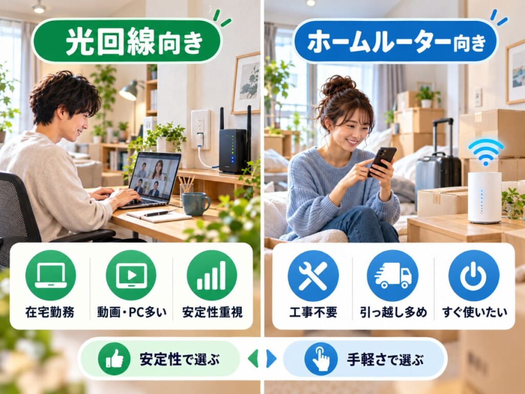 在宅勤務や動画視聴が多い人は光回線、工事不要や引っ越しやすさを重視する人はホームルーターを選ぶイメージ