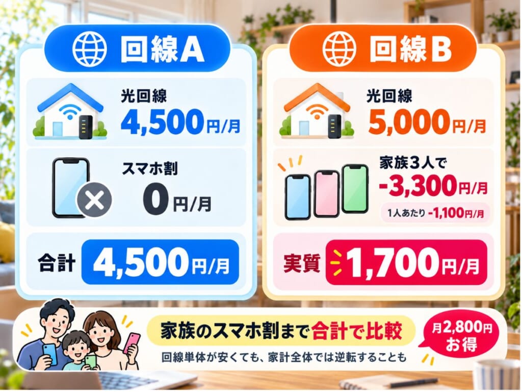 光回線料金だけでなく家族3人分のスマホセット割まで含めて通信費を比較するイメージ