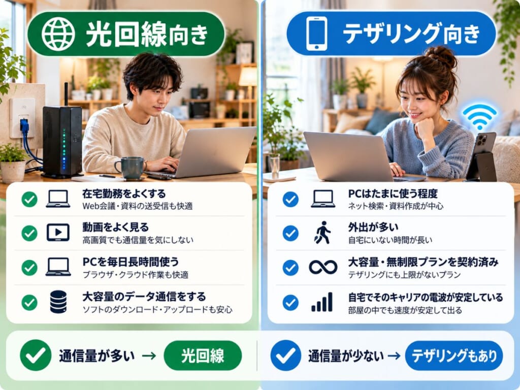 在宅勤務や大容量通信が多い人は光回線、通信量が少なく自宅の電波が安定している人はテザリングも選べることを示すイメージ