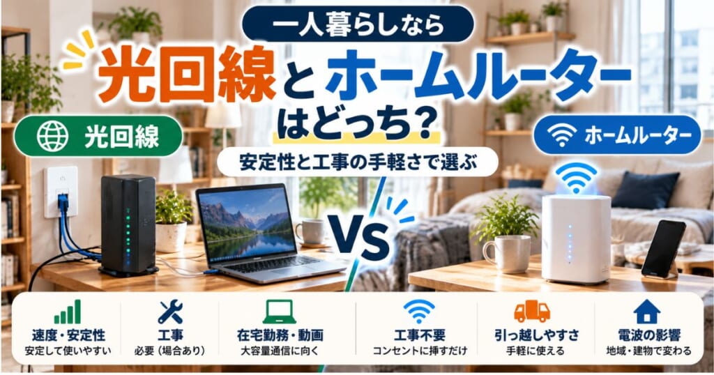 一人暮らしで光回線とホームルーターを比較するイメージ