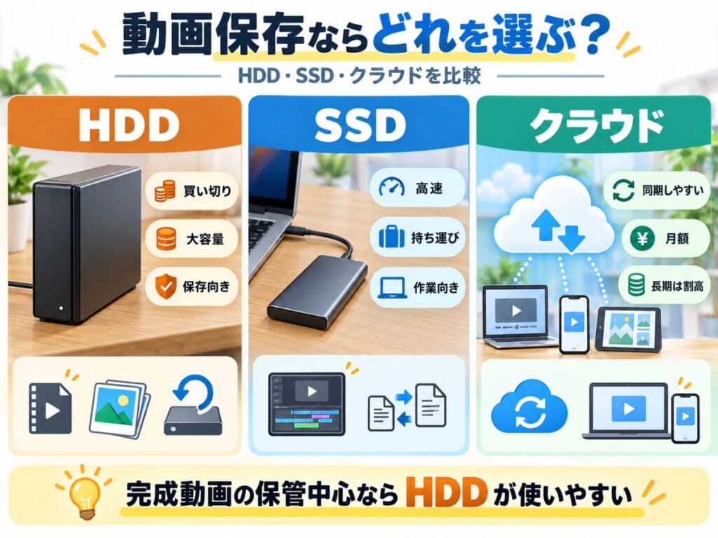 HDD・SSD・クラウドを動画保存用途で比較するイメージ