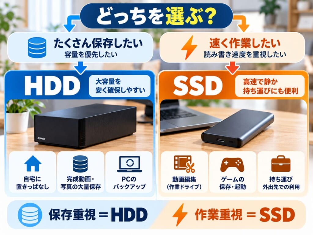 保存容量を重視するならHDD、作業速度を重視するならSSDを選ぶイメージ