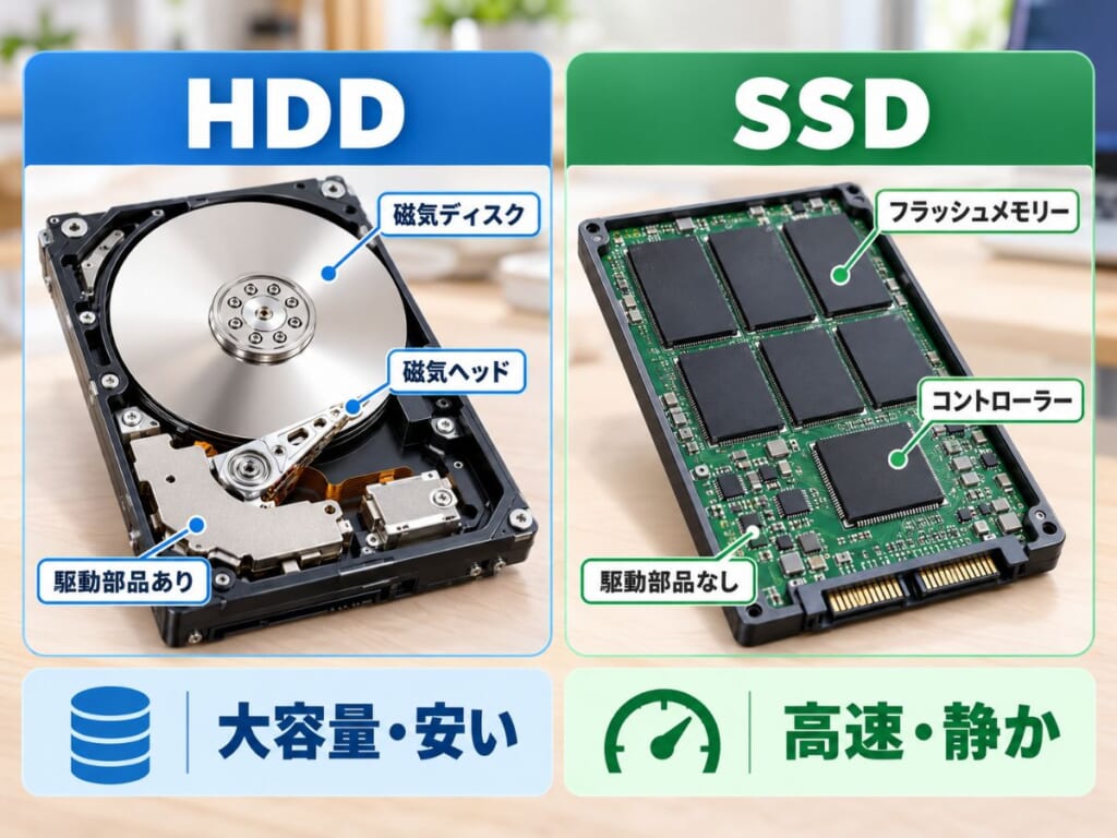 HDDの磁気ディスクとSSDのフラッシュメモリーによる保存方式の違いを比較するイメージ