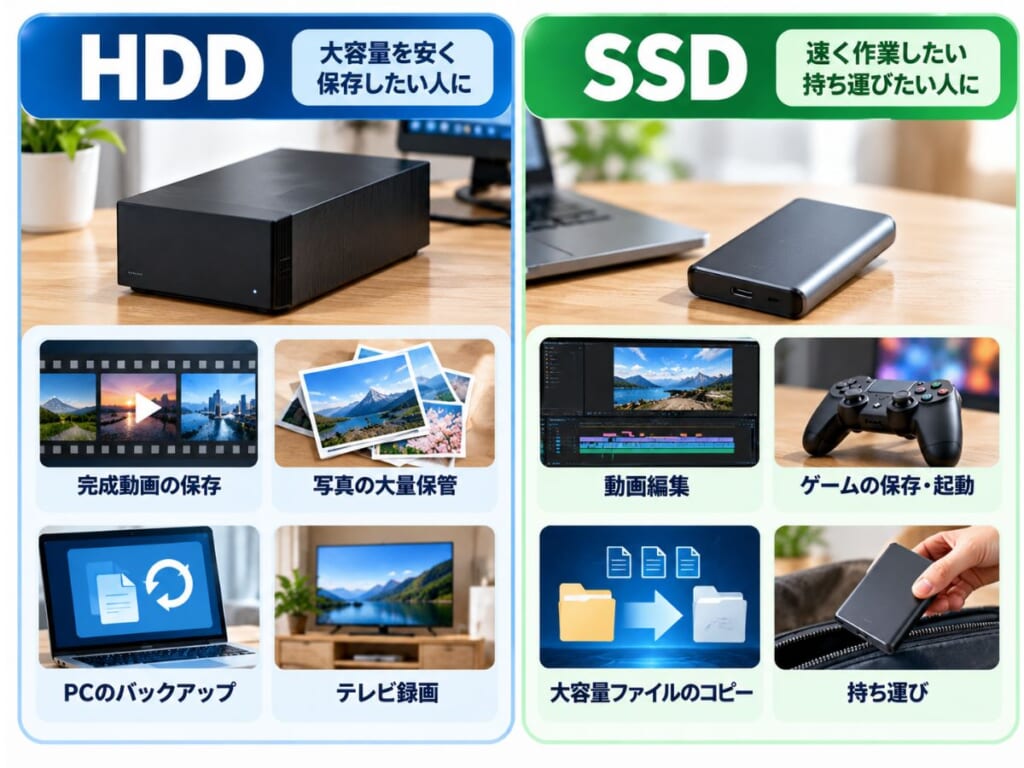 完成動画や写真の保存にはHDD、動画編集やゲームにはSSDが向く用途の違いを比較するイメージ