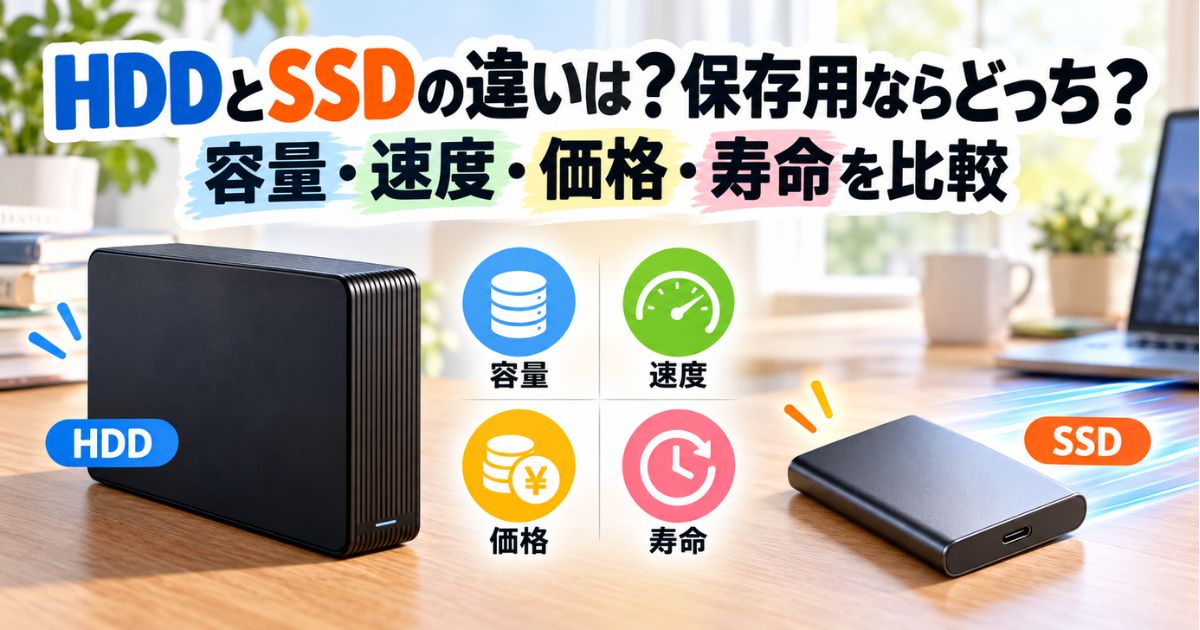 HDDとSSDの容量・速度・価格・寿命の違いを比較するイメージ