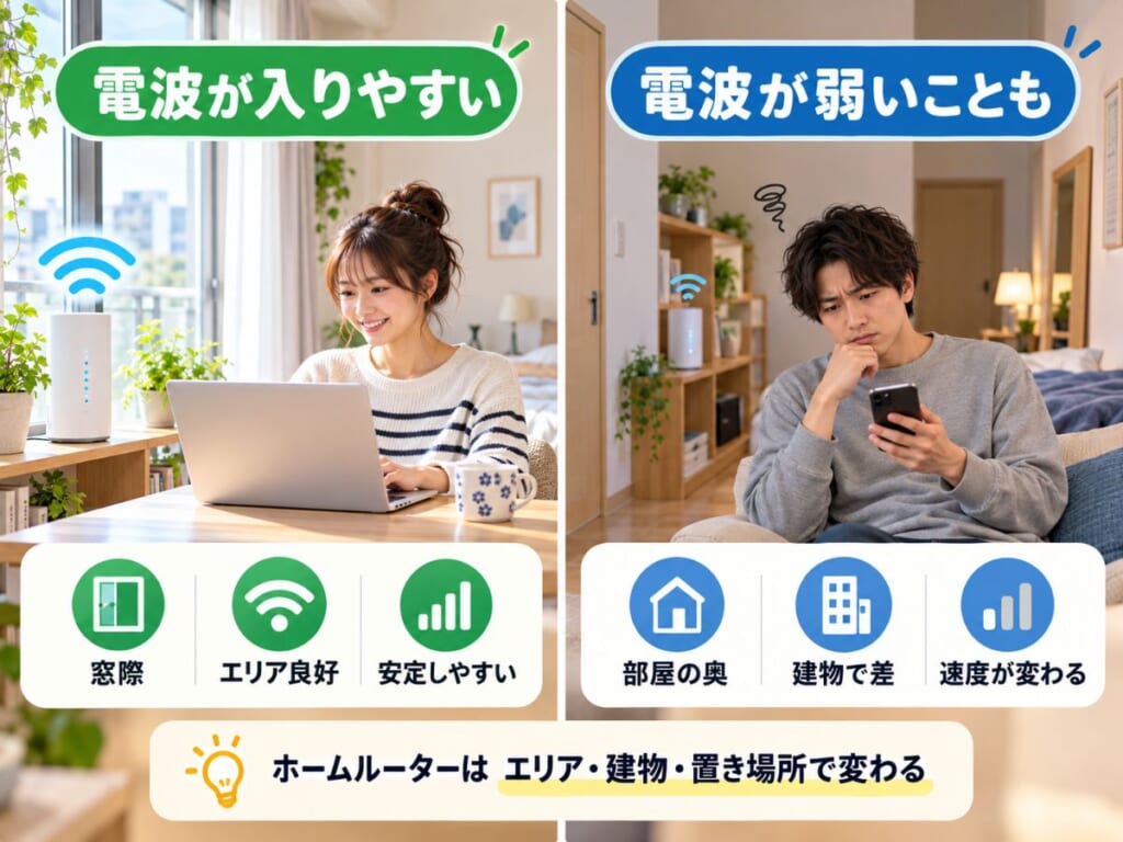ホームルーターの電波が地域・建物・設置場所によって変わるイメージ