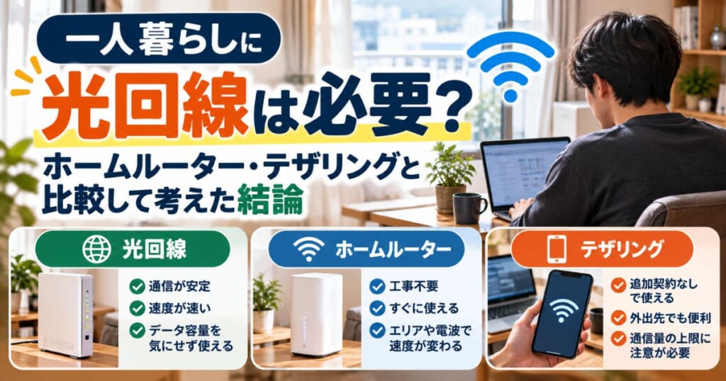 一人暮らしで光回線・ホームルーター・テザリングを比較するイメージ