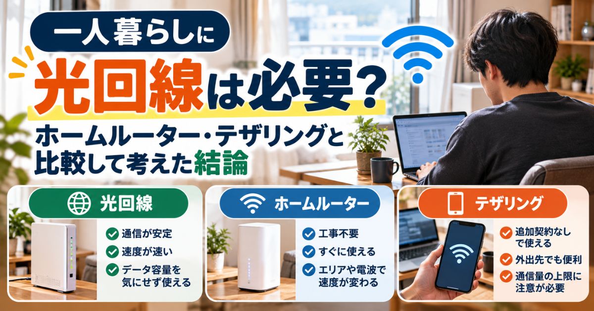 一人暮らしで光回線・ホームルーター・テザリングを比較するイメージ