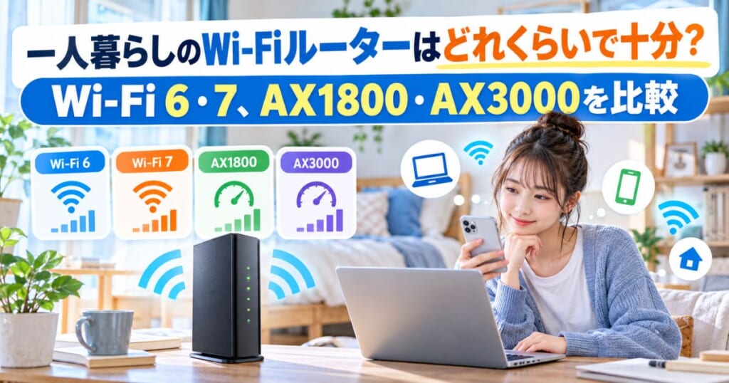 一人暮らし向けにWi-Fi 6・Wi-Fi 7とAX1800・AX3000を比較するイメージ