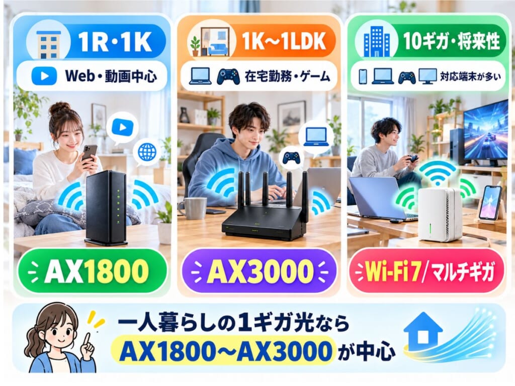 一人暮らしの部屋の広さや用途に合わせてAX1800・AX3000・Wi-Fi 7を選ぶイメージ