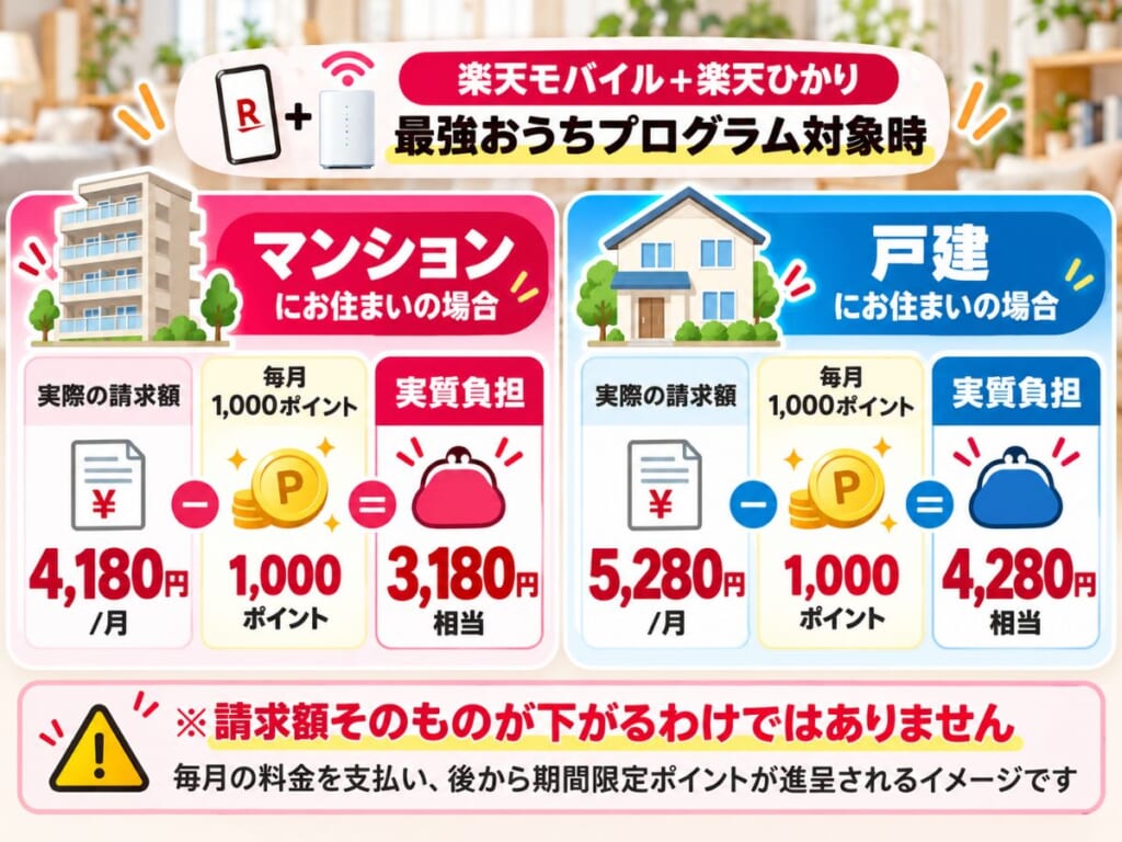 楽天ひかりの月額料金と毎月1,000ポイントを考慮したマンション・戸建の実質負担を比較するイメージ