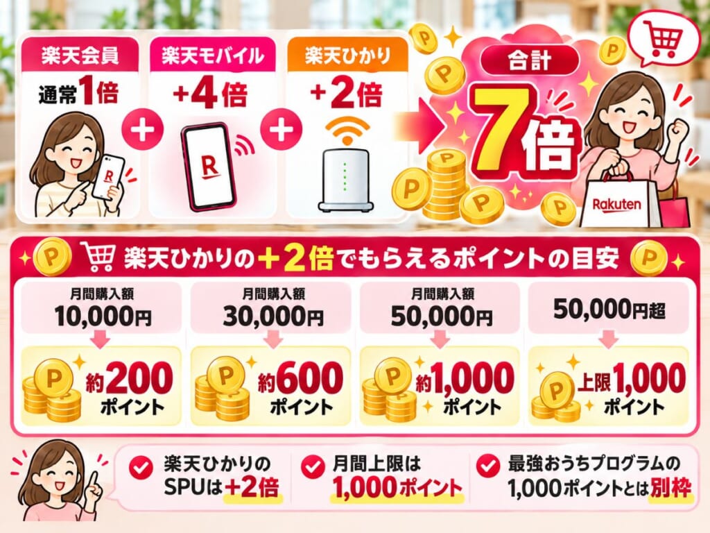 楽天ひかりのSPUプラス2倍によって楽天市場の購入額に応じて増えるポイントの目安を示すイメージ